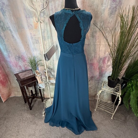 📌Azazie Lace Ink Blue Chiffon Formal - Bridesmaid Dress with Keyhole Backside - Picture 2 of 16